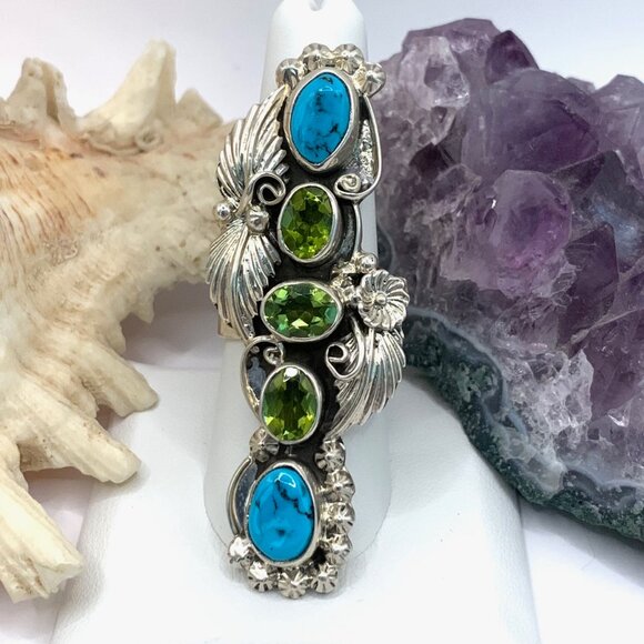 Big Peridot Turquoise Sterling Silver Elongated Handmade Navajo Ring Sz 9 J878 - Picture 6 of 12